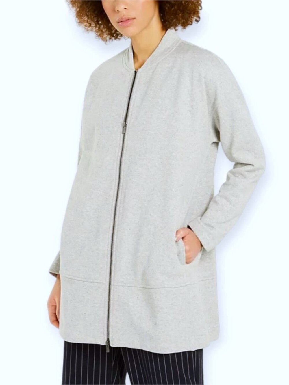Eileen Fisher Cotton Blend Terry Zip-Front Flight Jacket Cardigan Sweater Sz M